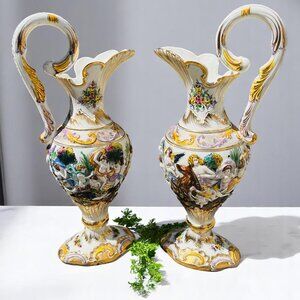 Pair Vintage ELPA Alcobaca 22” Ceramic Vase Pitchers Portugal Guilded Gold READ